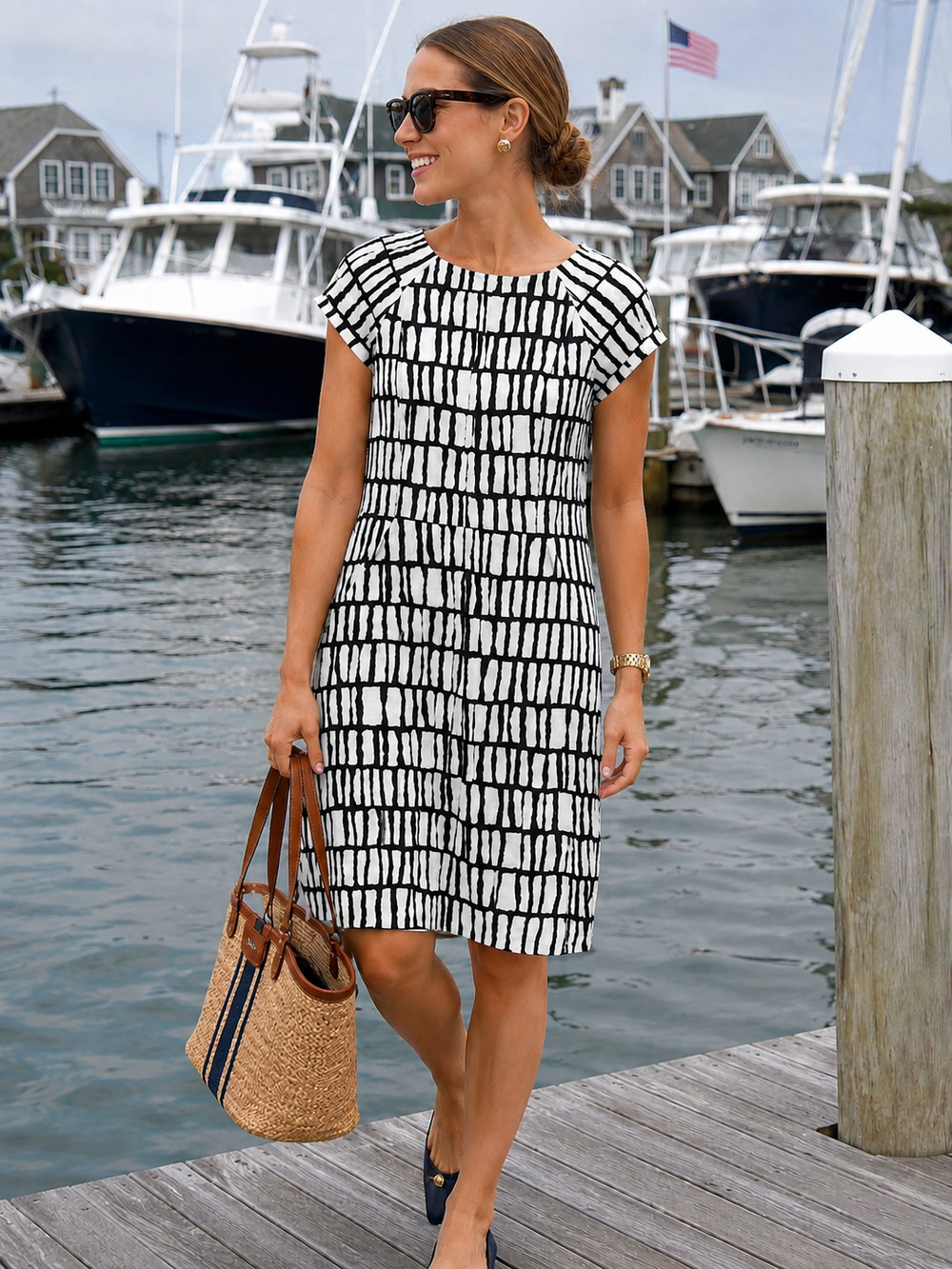 Nautical vibes J Crew basketweave Geometric dress Size 4 Polished Office career